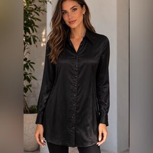 Betsey Johnson Black Satin Button Down Blouse – Long Sleeve (S)